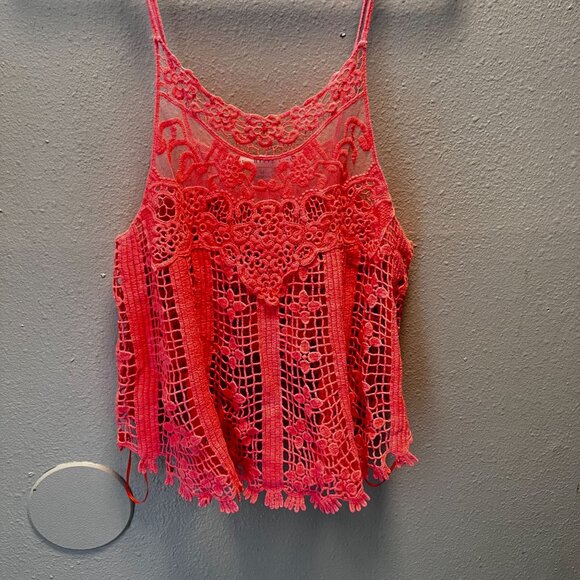 Hyfve Pink Lace Crochet Tank Top Spaghetti Straps Boho Chic Womens M beach top - Picture 2 of 9